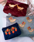 Strawberry Thief Embroided Velvet Pouch, Medium