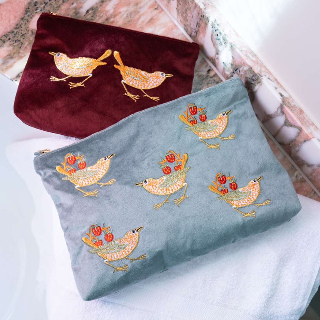 Strawberry Thief Embroided Velvet Pouch, Medium