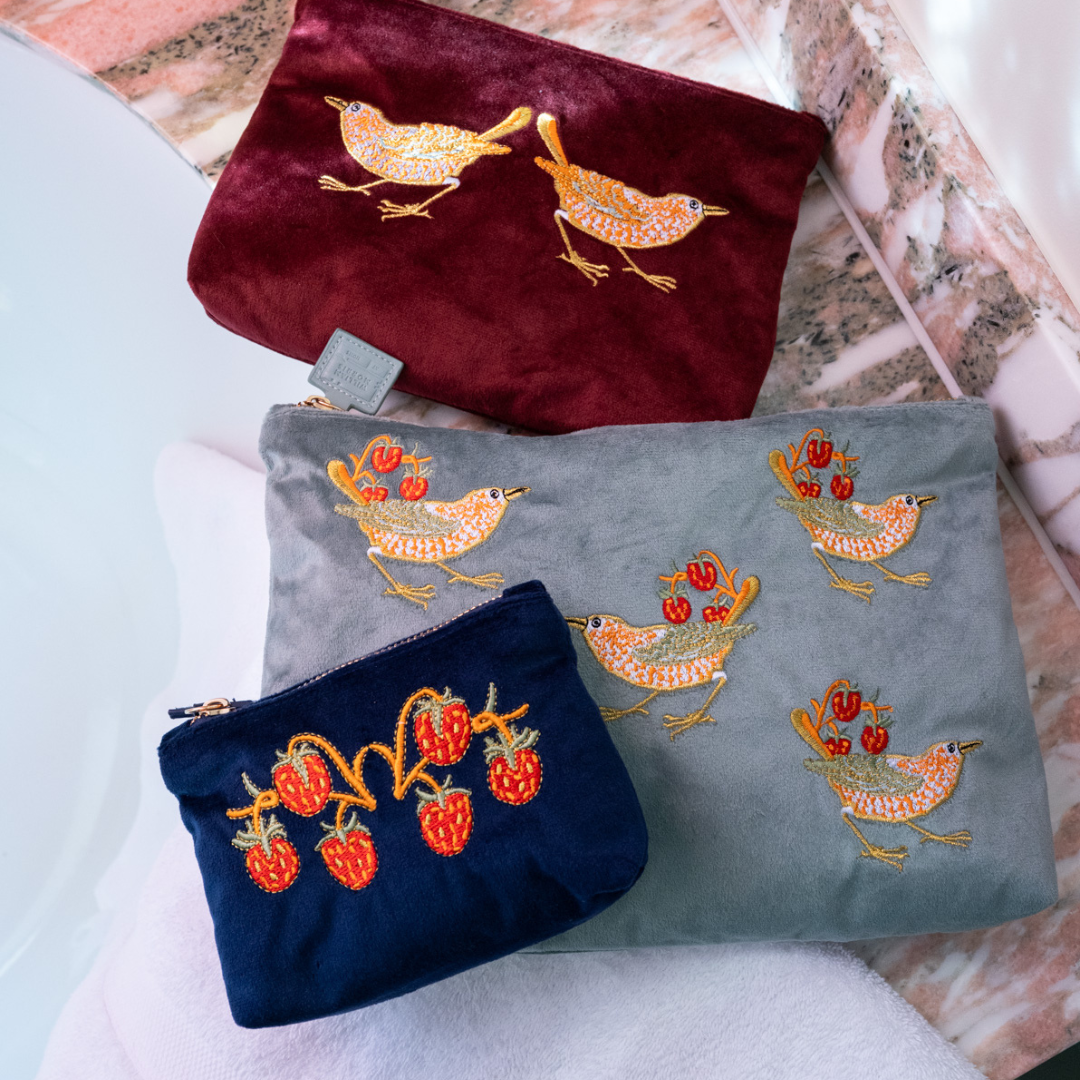 Strawberry Thief Embroided Velvet Pouch, Medium