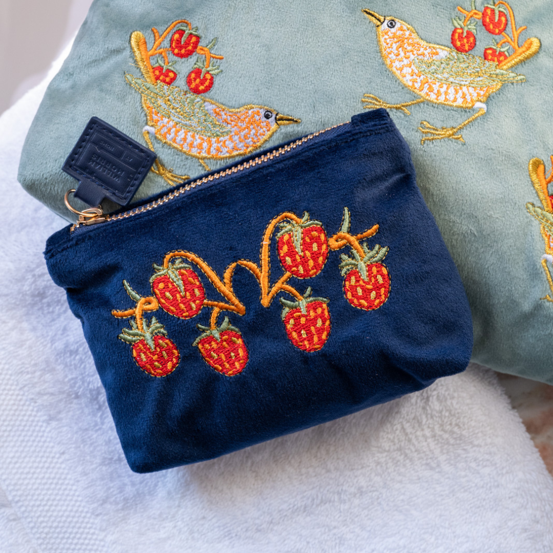 Strawberry Thief Embroided Velvet Pouch, Small